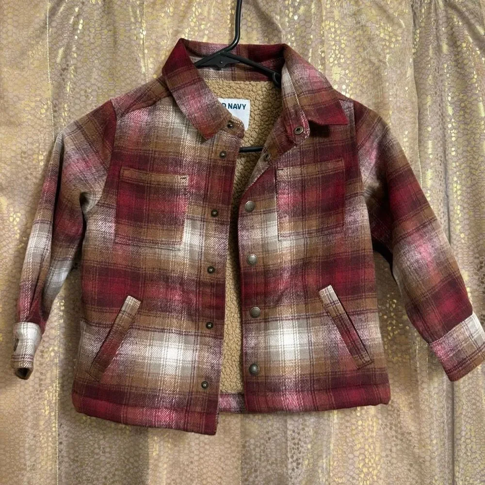 Old Navy Plaid Burgundy Brown Fall Flannel Button Up Shacket 4T NWT